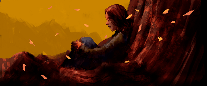 Sill sitting against the base of a large tree